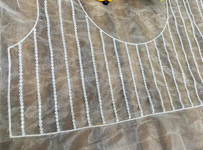 White organza silk zari embroidered and mirror work saree