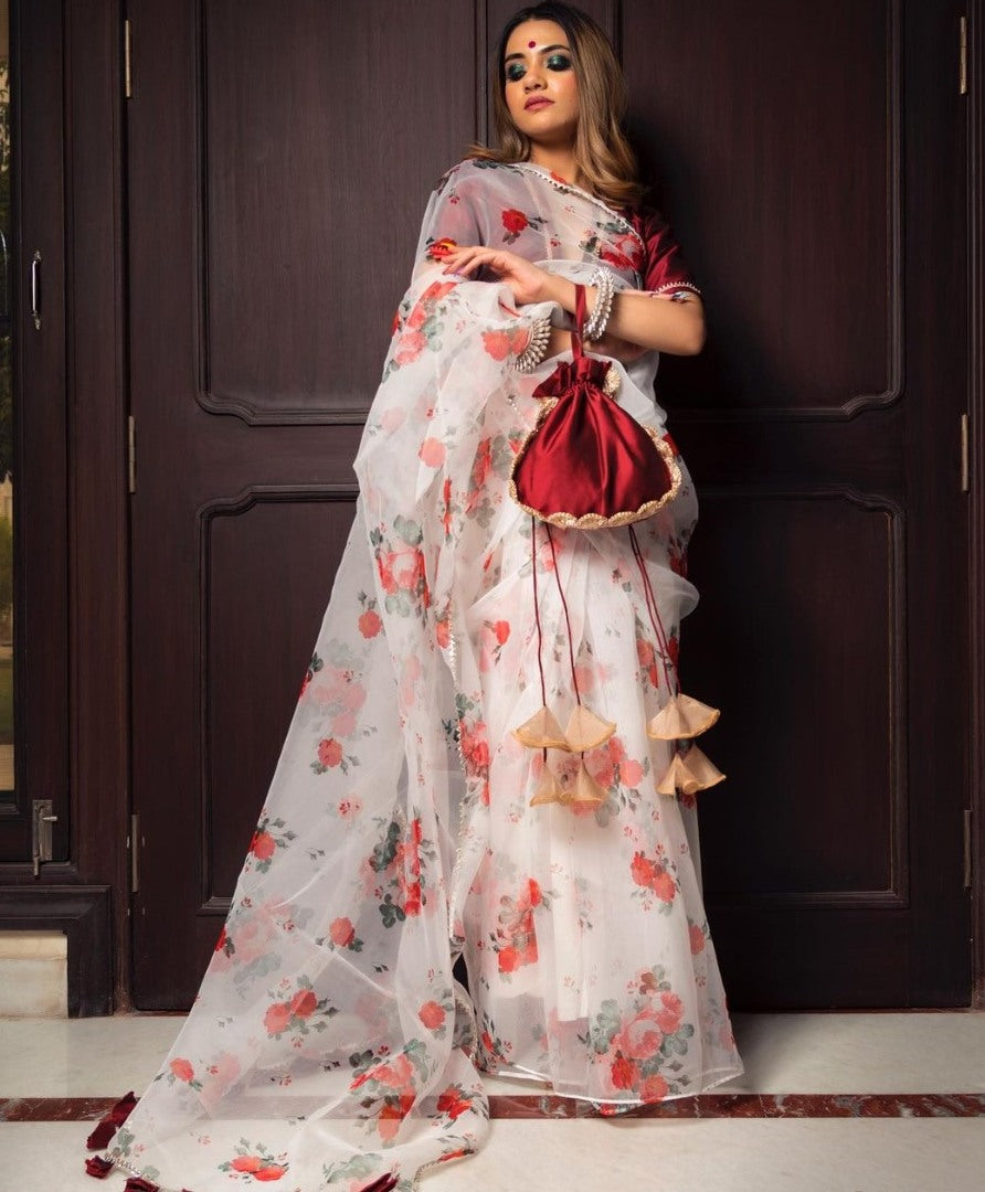 White organza with digital printed fancy saree
