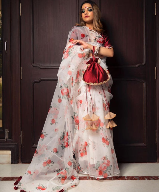 White organza with digital printed fancy saree