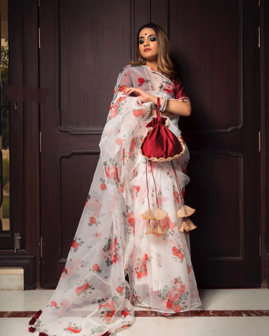 White organza with digital printed fancy saree