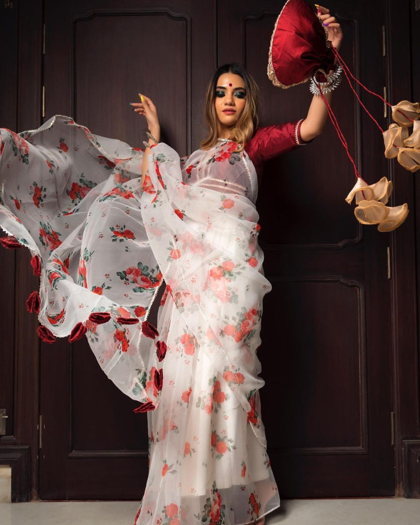 White organza with digital printed fancy saree