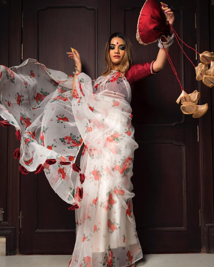 White organza with digital printed fancy saree