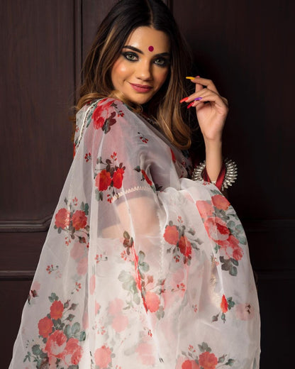 White organza with digital printed fancy saree