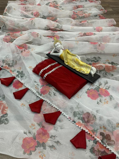 White organza with digital printed fancy saree
