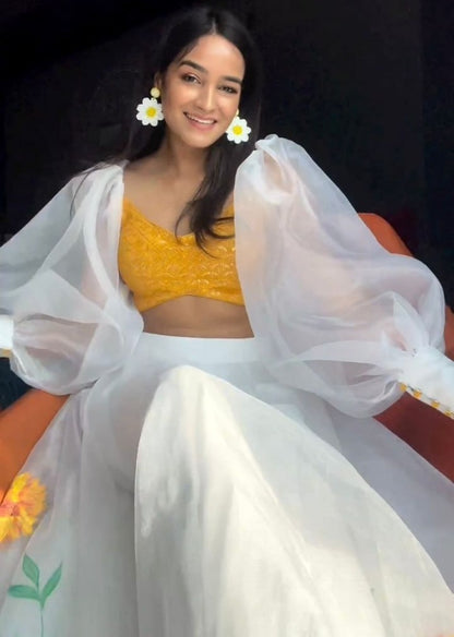 White organza yellow flower printed crop top lehenga