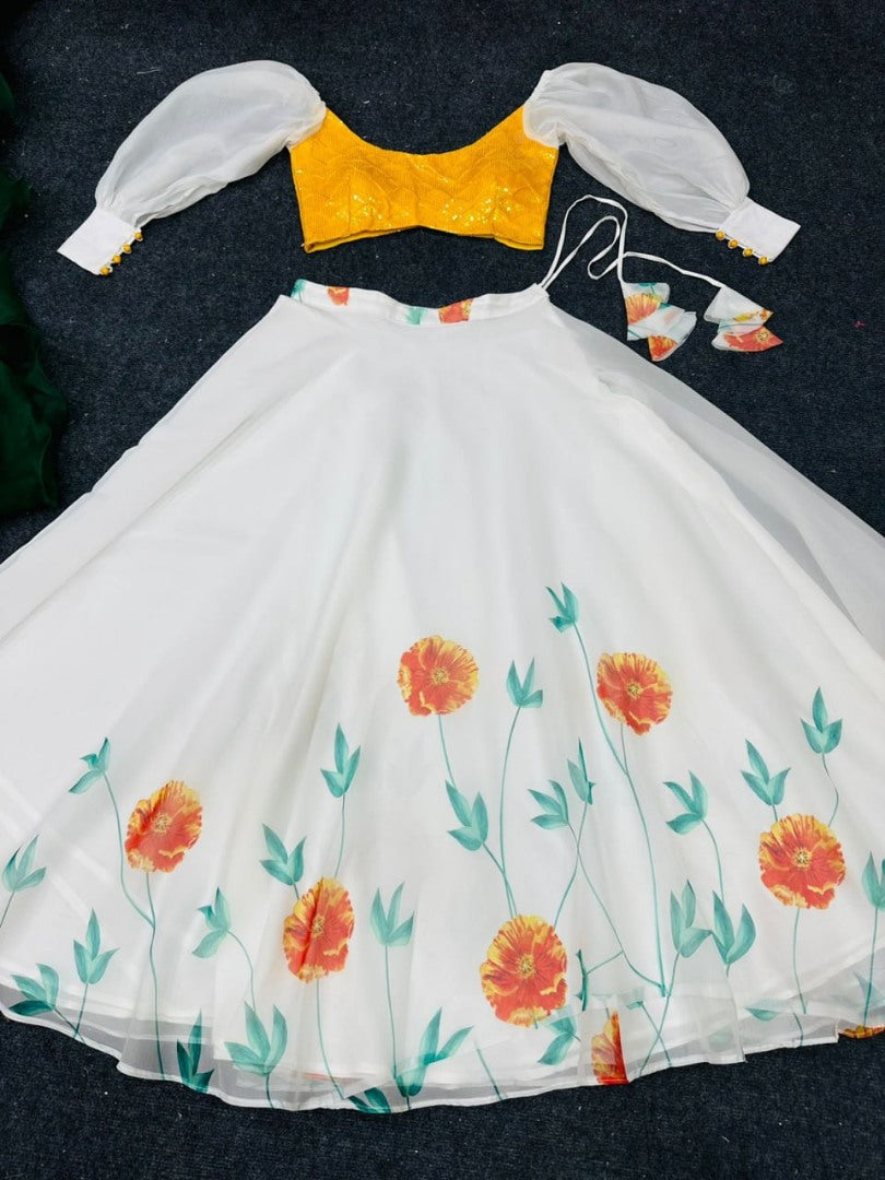 White organza yellow flower printed crop top lehenga