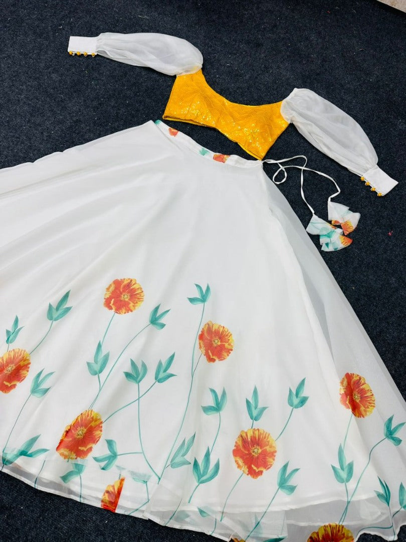 White organza yellow flower printed crop top lehenga