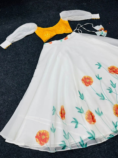White organza yellow flower printed crop top lehenga
