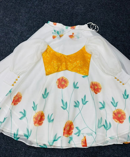White organza yellow flower printed crop top lehenga