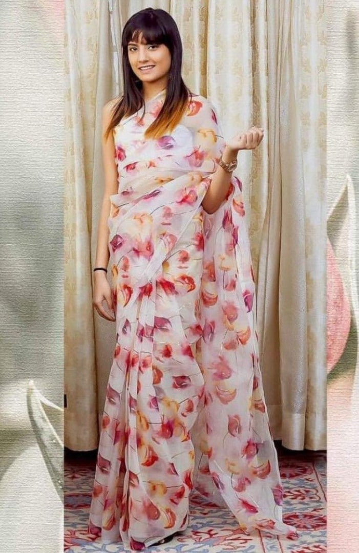 white orgenza digital printed casual wear saree