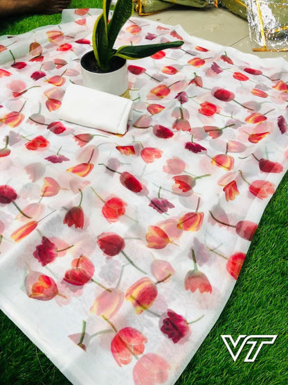 white orgenza digital printed casual wear saree