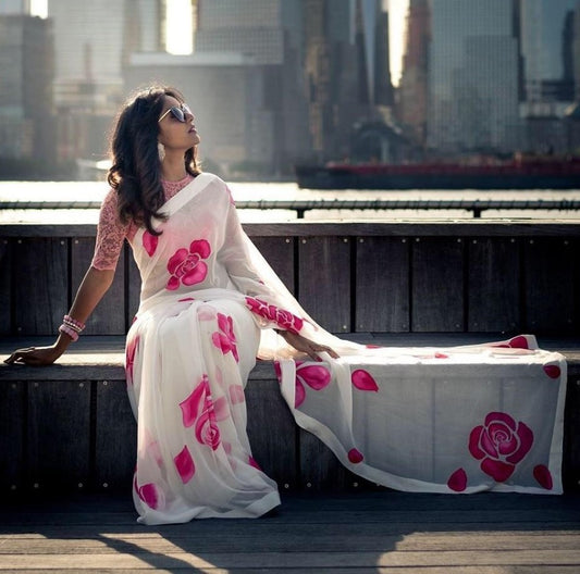 White orgenza digital printed saree