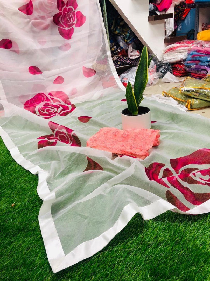 White orgenza digital printed saree