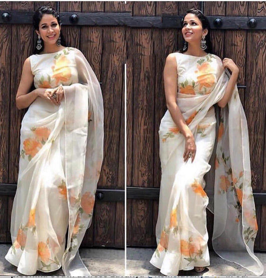 white orgenza net digital printed saree