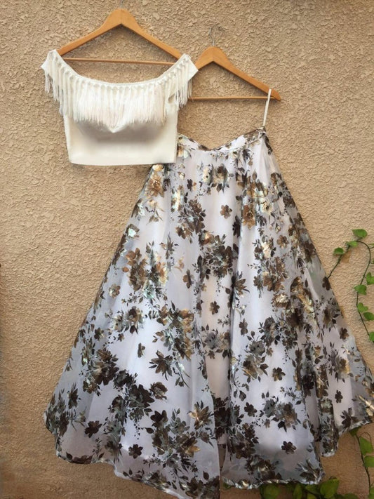 white orgenza silk foil printed ceremonial lehenga choli