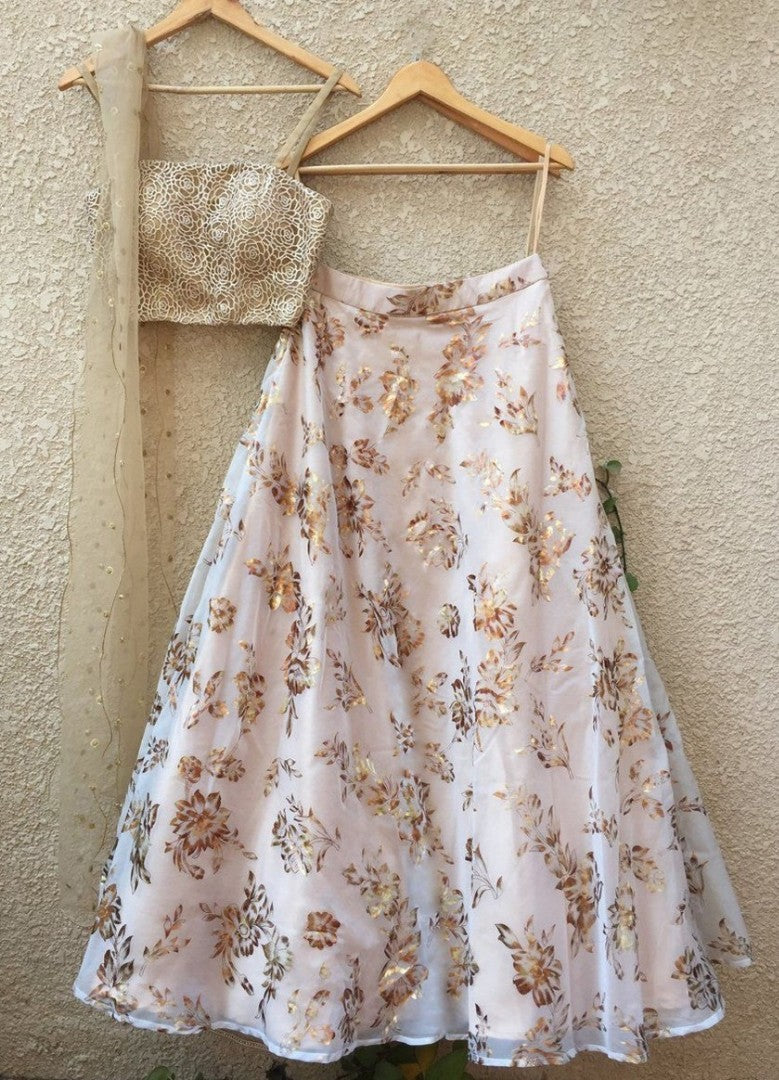 white orgenza silk foil printed lehenga choli