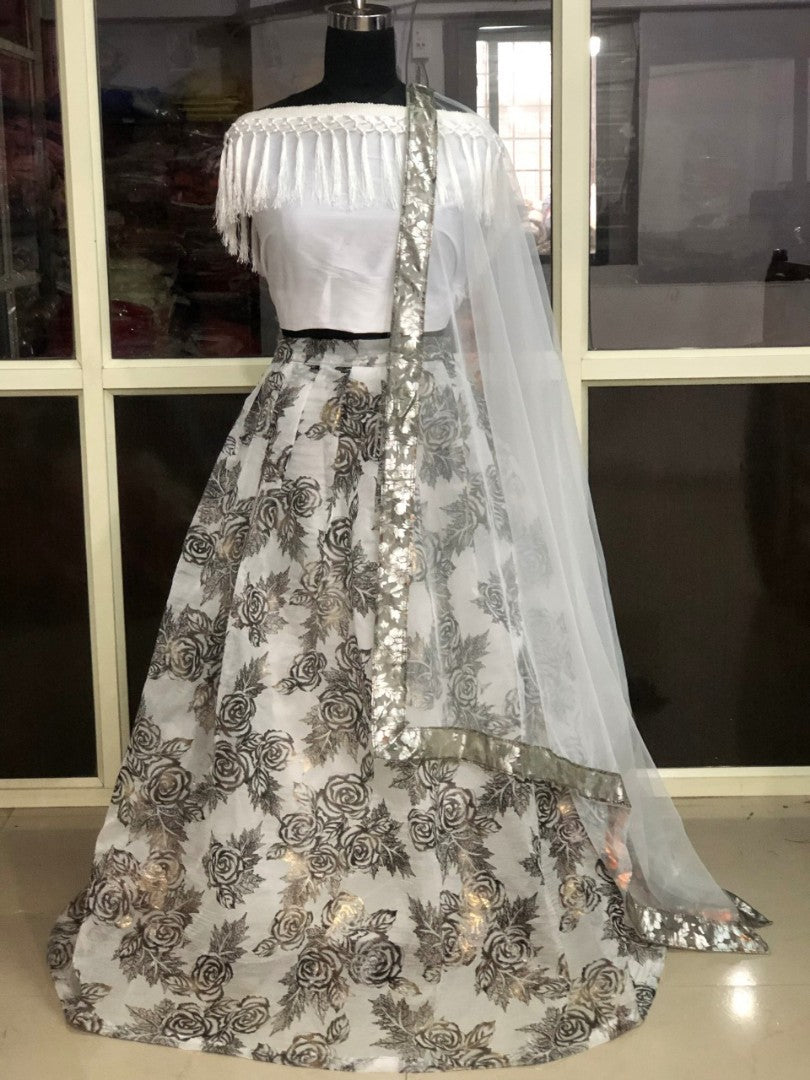 white orgenza silk lehenga