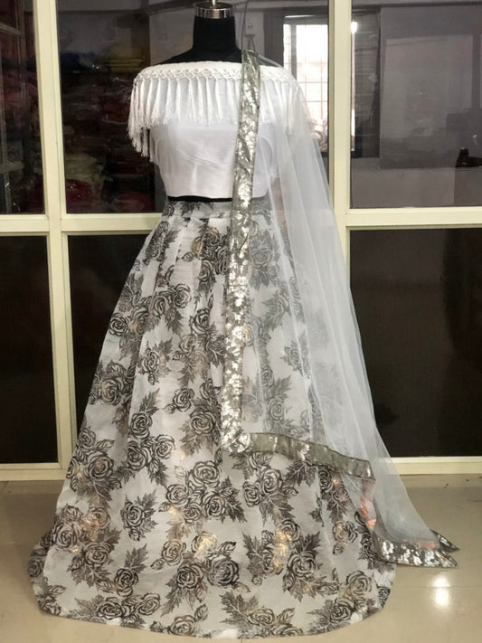 white orgenza silk lehenga