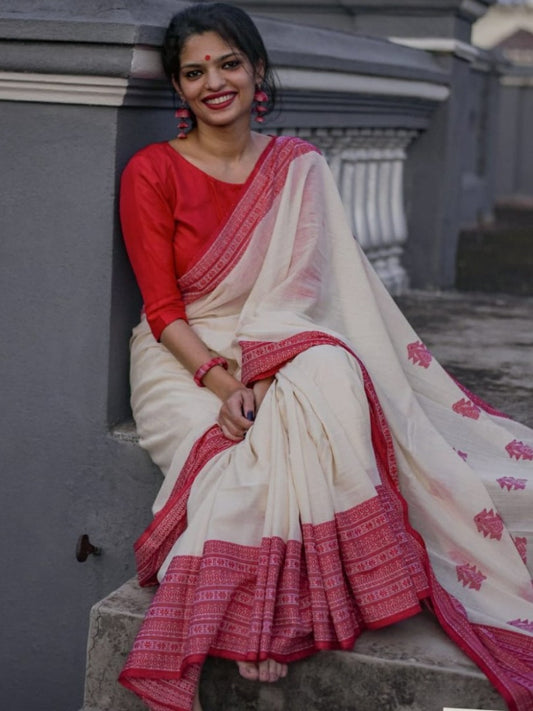 White original chanderi linen digital printed work saree