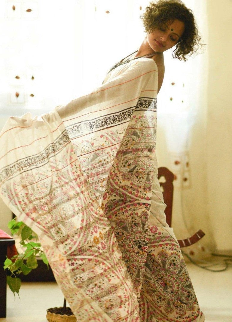 White original linen border and digital printed work banglori saree