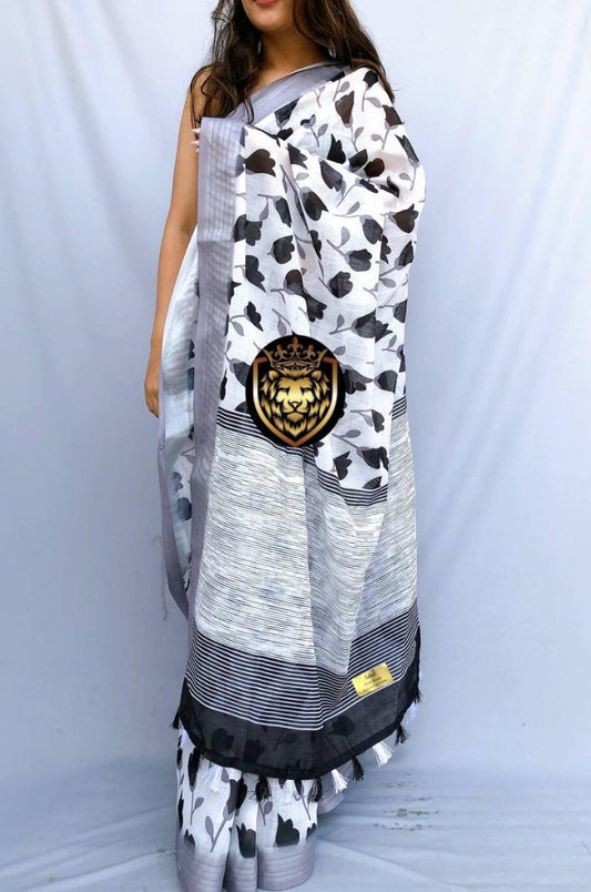 White original linen border and digital printed work banglori saree