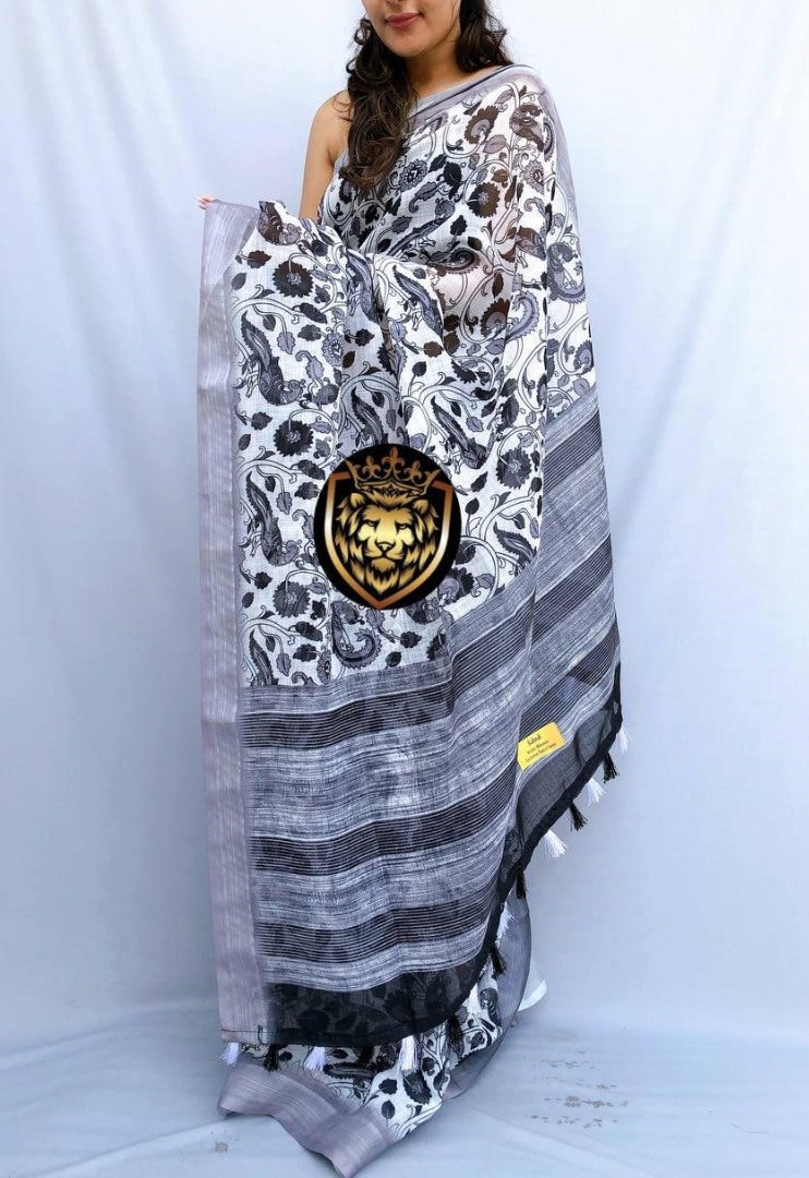 White original linen border and digital printed work banglori saree