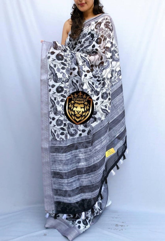 White original linen border and digital printed work banglori saree