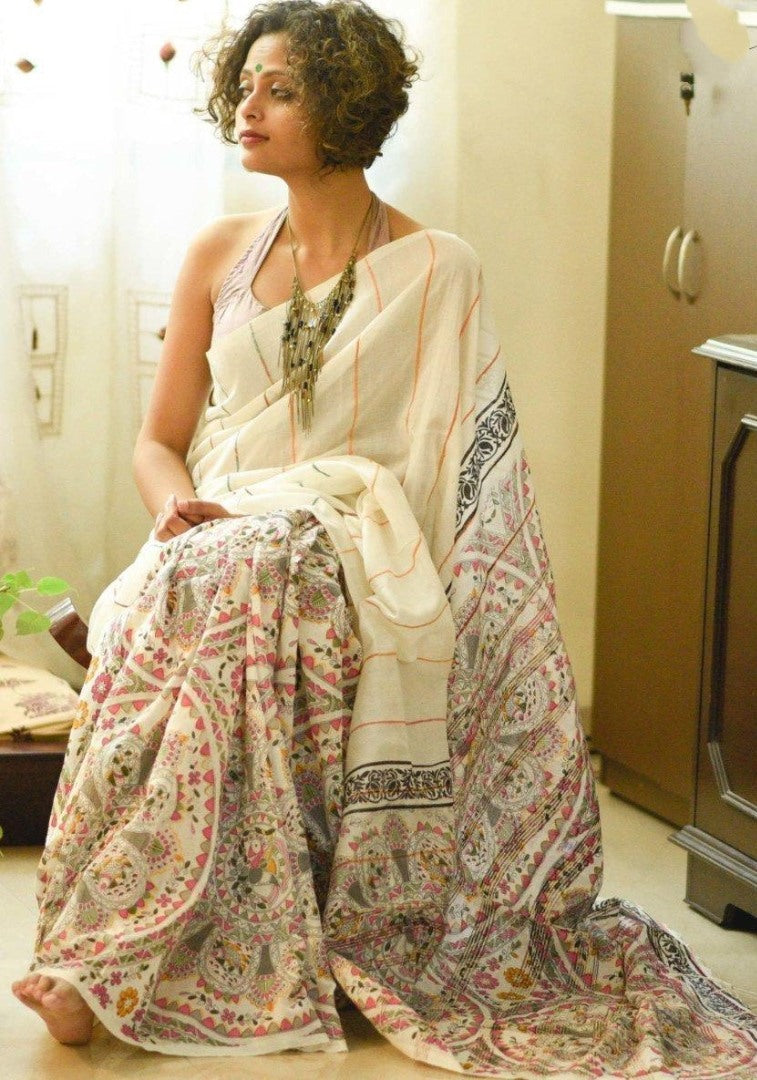 White original linen border and digital printed work banglori saree