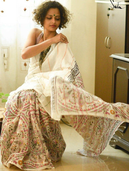 White original linen border and digital printed work banglori saree