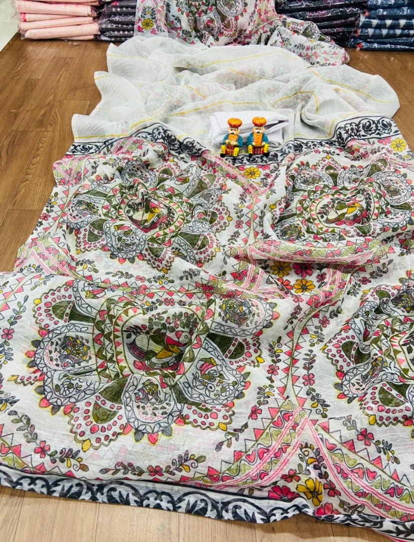 White original linen border and digital printed work banglori saree