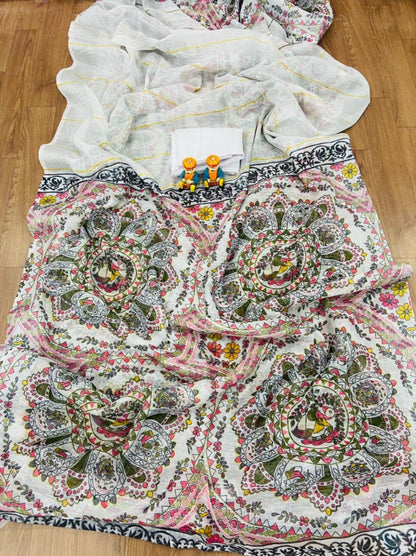 White original linen border and digital printed work banglori saree