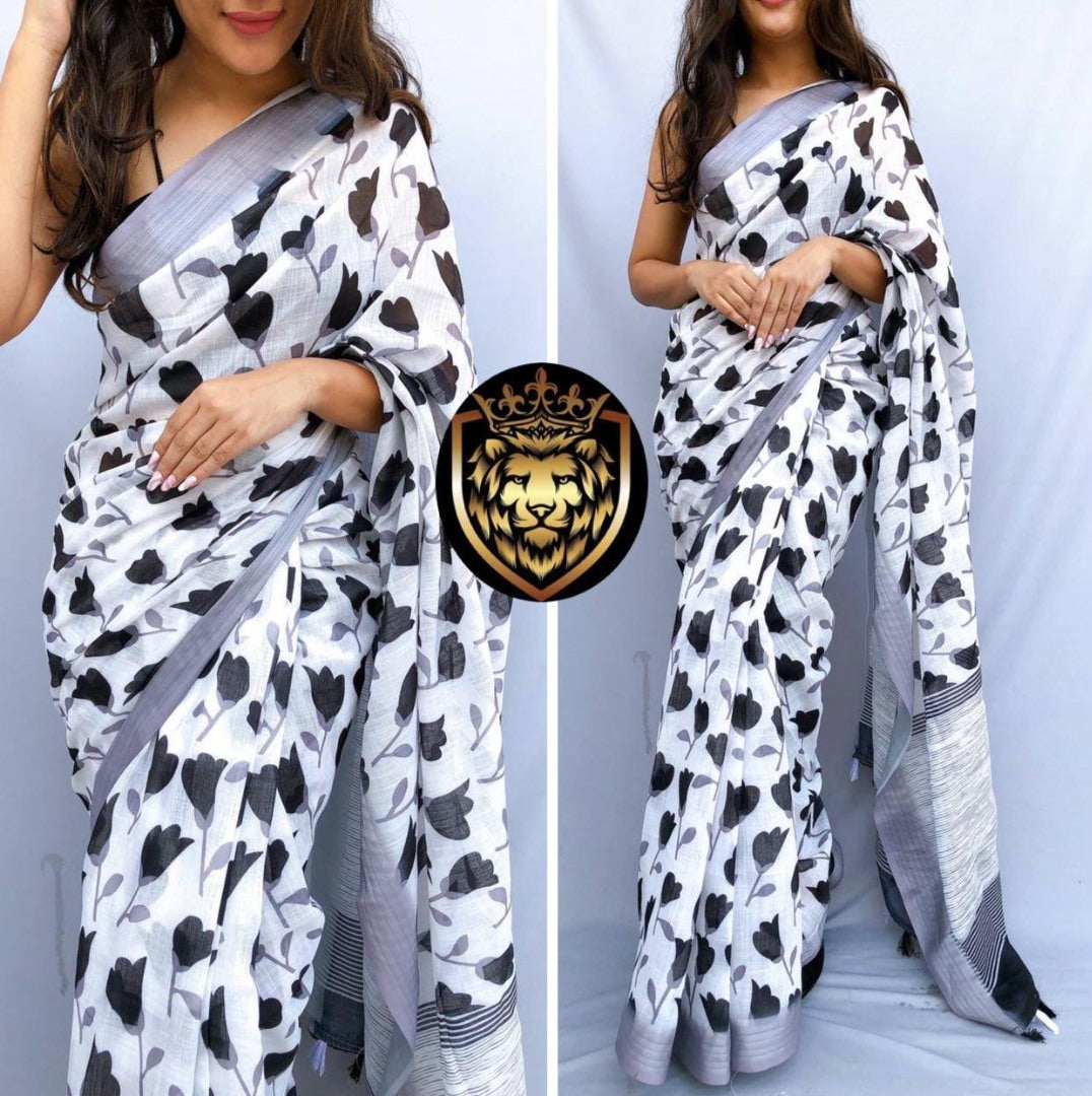 White original linen border and digital printed work banglori saree