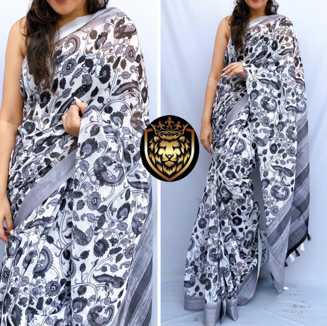 White original linen border and digital printed work banglori saree