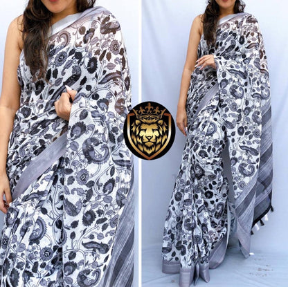 White original linen border and digital printed work banglori saree