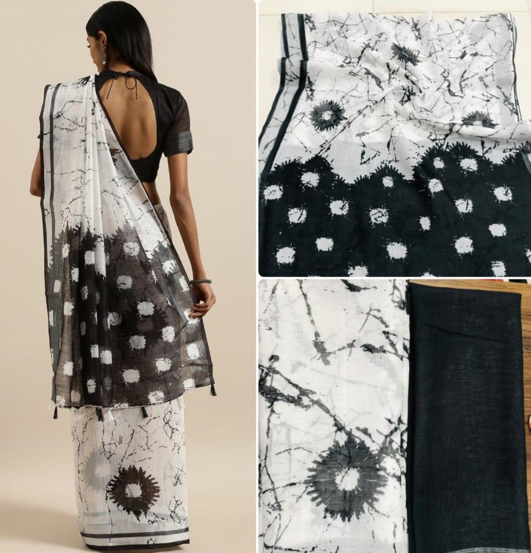 White original linen digital printed work fancy saree