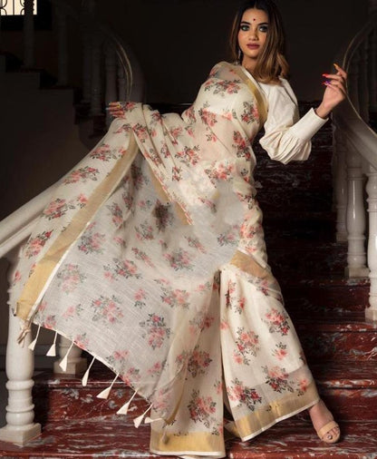 White original linen digital printed work saree