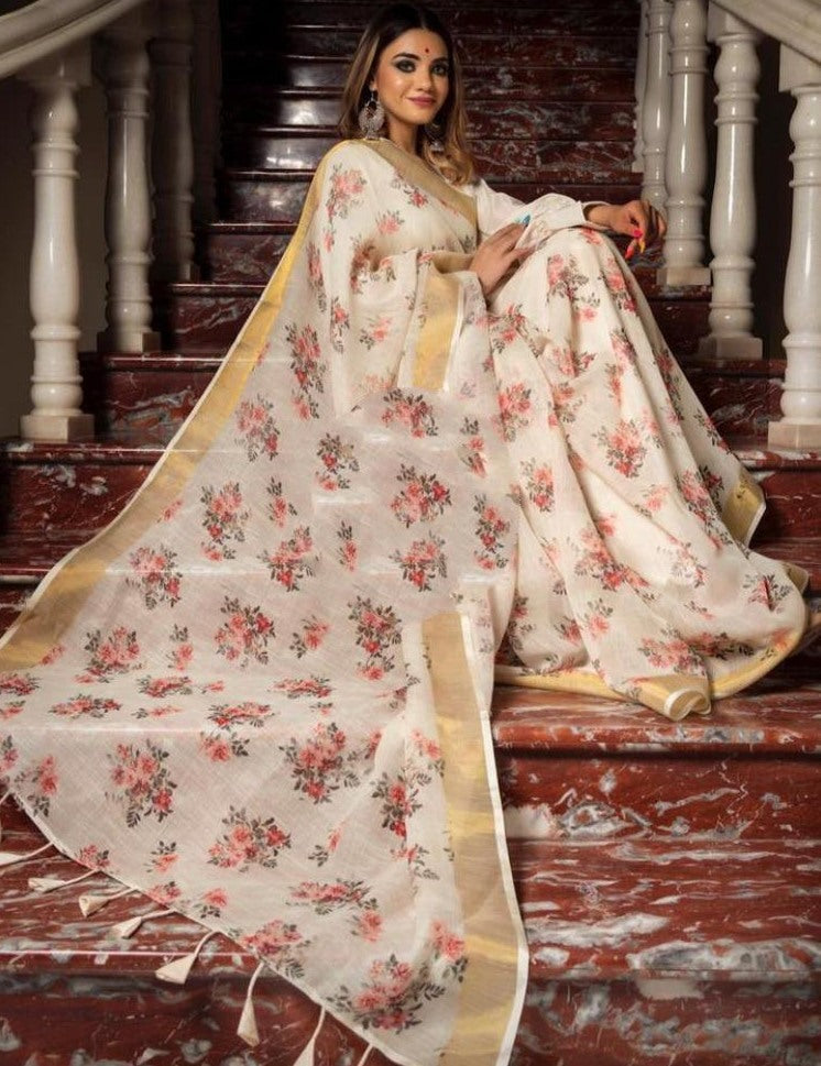 White original linen digital printed work saree