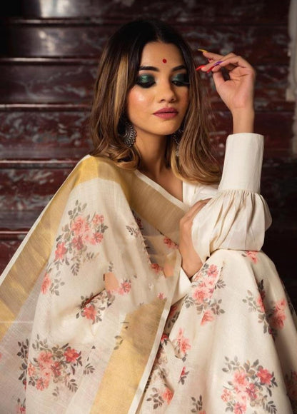 White original linen digital printed work saree