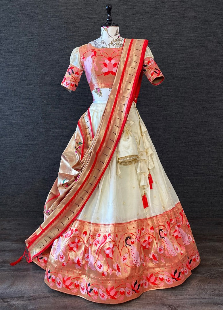 White paithani jacquard weaving work wedding lehenga choli with purse