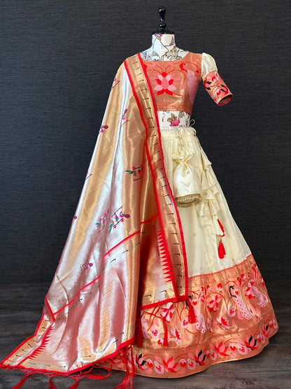 White paithani jacquard weaving work wedding lehenga choli with purse