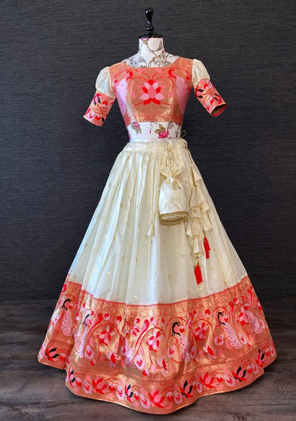 White paithani jacquard weaving work wedding lehenga choli with purse
