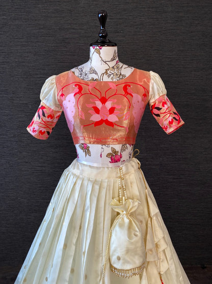 White paithani jacquard weaving work wedding lehenga choli with purse