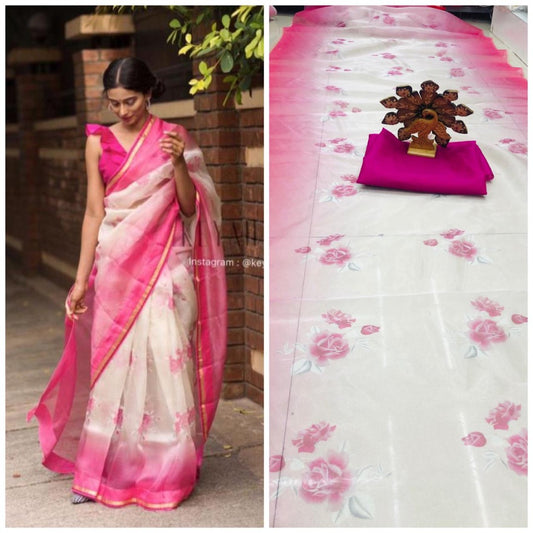White pink border floral printed organza saree