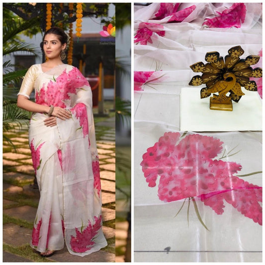 White pink flower printed organza saree