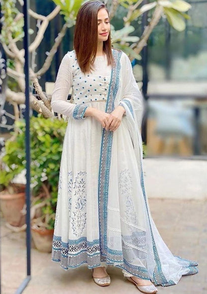White premium rayon digital printed work party wear anarkali dress
