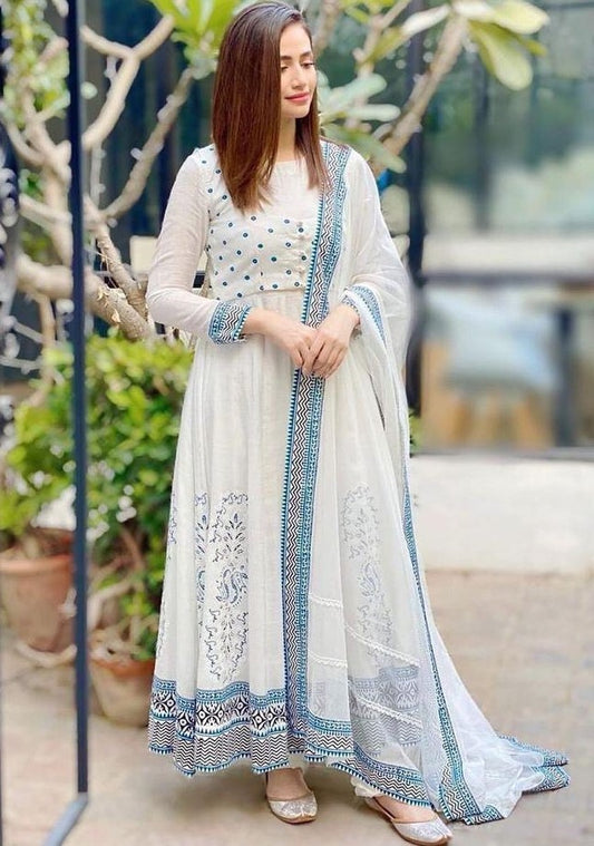 White premium rayon digital printed work party wear anarkali dress