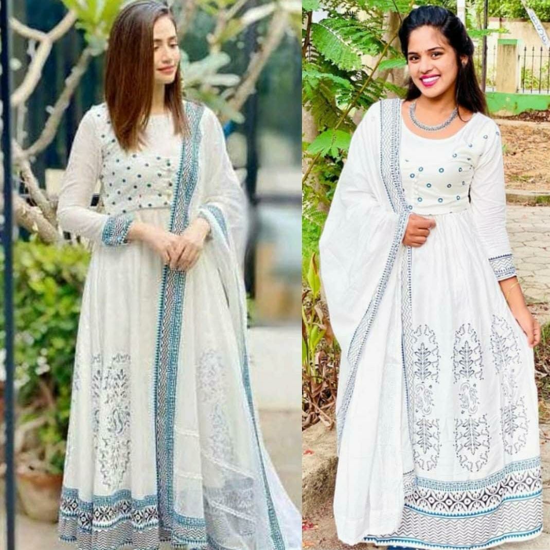 White premium rayon digital printed work party wear anarkali dress