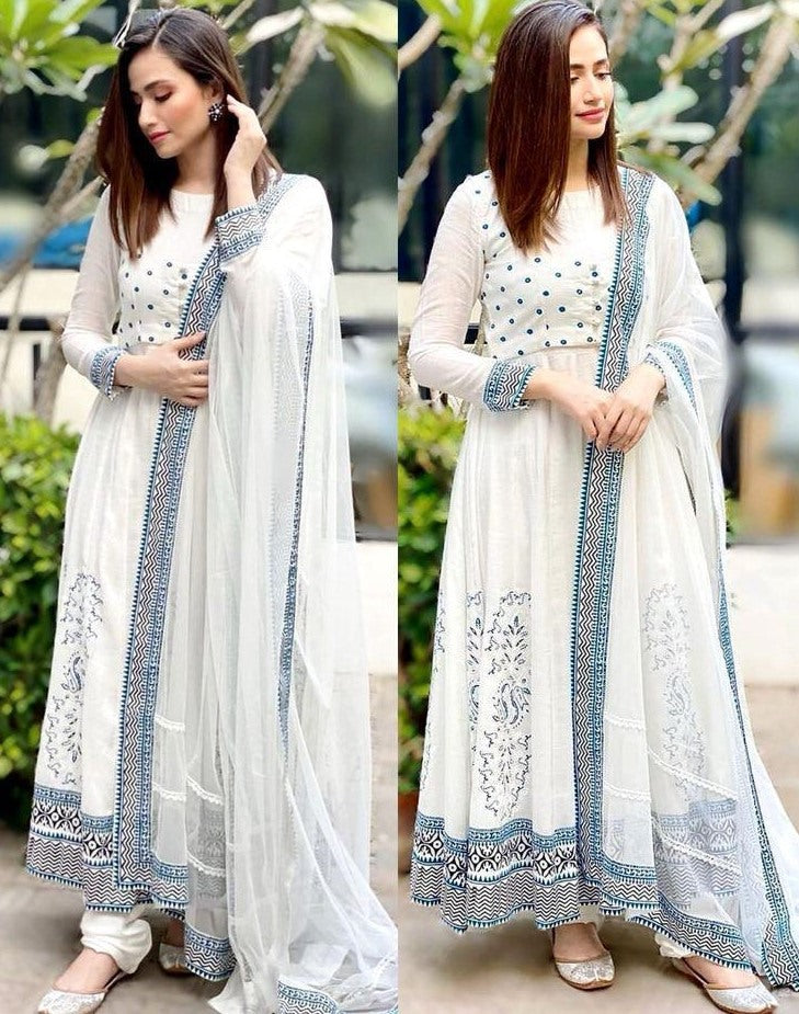 White premium rayon digital printed work party wear anarkali dress