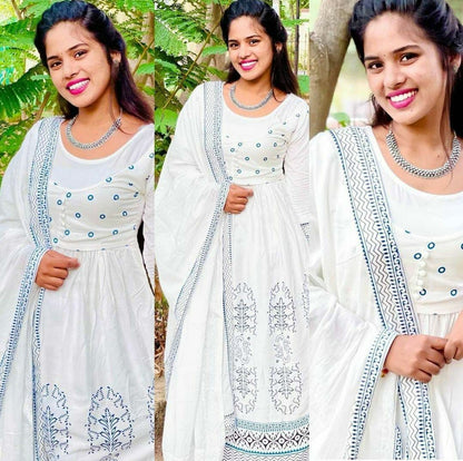White premium rayon digital printed work party wear anarkali dress