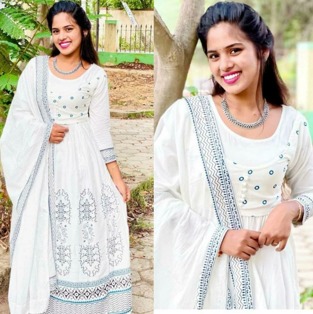 White premium rayon digital printed work party wear anarkali dress